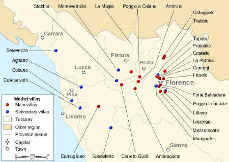 Location map of the Medici family villas